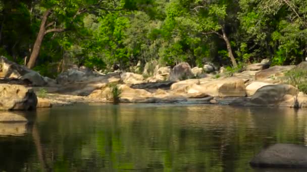 熱帯林の大きな石の間を流れる川のきれいな水を荒涼とした景色。ジャングルの岩の多い川の南を流れます。野生の自然や川の背景. — ストック動画