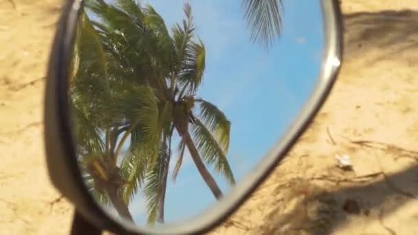 Reflexión en el espejo de la motocicleta palmeras verdes sobre el fondo azul del cielo. Palmeras tropicales en la playa de verano reflejándose en el espejo de la moto . — Vídeo de stock
