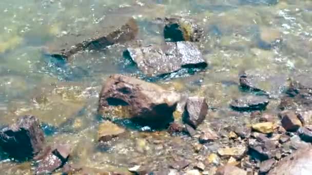Vagues de mer d'eau claire sur la plage rocheuse. Eau de mer transparente sur fond de rivage caillouteux . — Video
