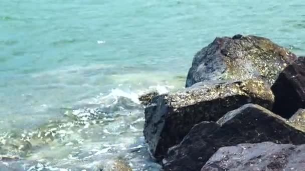 Sea water waves and big stones on shore. Blue and transparent water on ocean rocky beach background. Sea waves on rocky island shore. — Stock Video