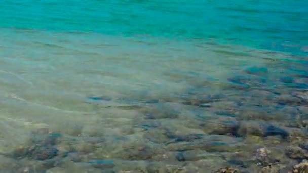 Water oppervlak en rimpel golven in rustige zee met stenen op zanderige bodem. Blauw water in kalme zee en rotsachtige bodem op zomer-strand. — Stockvideo