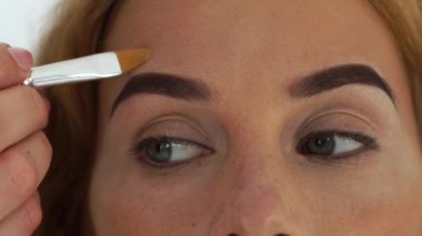 Makyaj sanatçısı için kozmetik fırça kullanarak genç kadının yüzünü olun. Visagiste şekillendirme kaşları şekil süre profesyonel makyaj yapıyor. Güzellik ve moda endüstrisi.