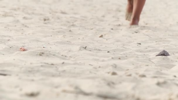 Nő lábak séta a homokot közelről. Mezítláb nő séta a homokos strand alacsony megtekintése.
