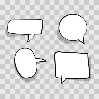 Beyaz konuşma balonu, şeffaf arka plan bulut komik şablona ayarlayın. Saydam arka plan üzerinde izole boş komik konuşma balonu. Karikatür komik vektör çizim pop sanat retro tarzı.