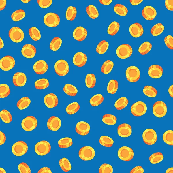 Mönster golden mynt isolerade på blå bakgrund. Pengar mynt sömlösa mönster. Guld pengar bakgrund. — Stock vektor