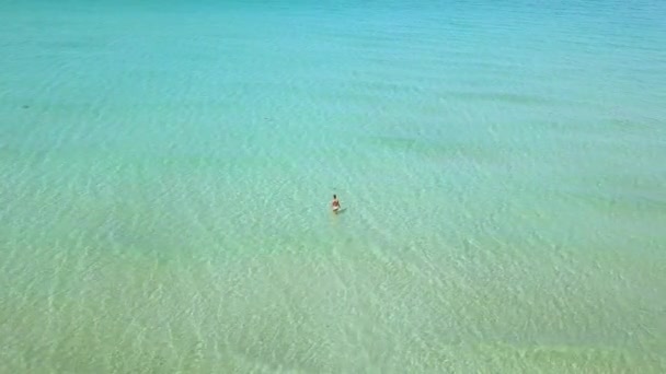 Mujer joven en vista aérea azul mar. Mujer vista Drone en agua de mar transparente. Vista superior de agua turquesa . — Vídeos de Stock