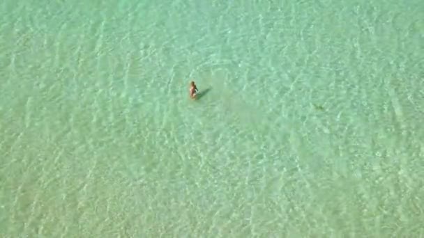 Frau von oben in klarem und transparentem Meerwasser. Luftaufnahme Frau in türkisfarbenem Meerwasser. Paradiesischer Strand mit kristallklarem Wasser. — Stockvideo