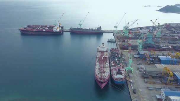 Navio de carga de paisagem aérea no estaleiro industrial. Navios de mar em pé no estacionamento em Dockyard drone view . — Vídeo de Stock