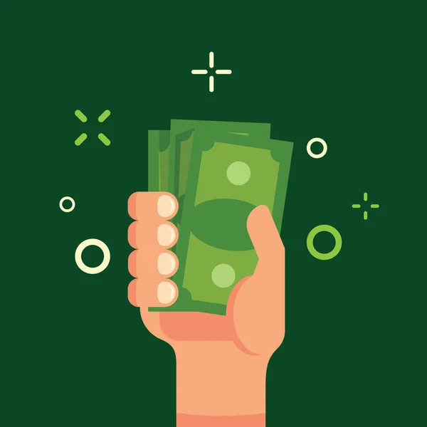 Yeşil para düz vektör çizim tutan el. Erkek elinde para demet. Gelir, finans, kar, maaş kavramı. Yeşil banknot vektör sanat. — Stok Vektör