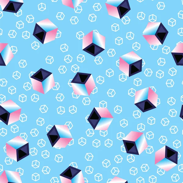 彩色3D 立方体在蓝色模式背景 无缝图案几何立方体 复古风格 80S 样式抽象几何组合 — 图库矢量图片