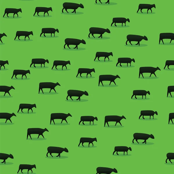 Bovins marchant sur fond vert motif de champ. Moutons, chèvres, vaches et pâturages. L'agriculture et le bétail. Modèle sans couture . — Image vectorielle