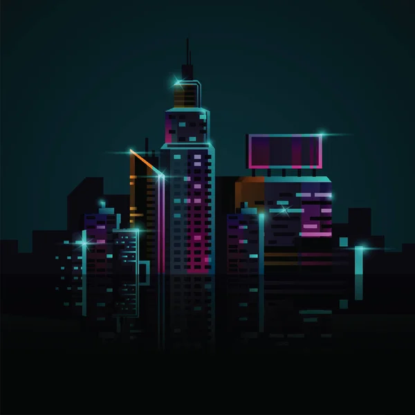 Arranha-céus modernos e edifícios de negócios com luzes brilhantes na cidade noturna. Arranha-céus de negócios, escritório e apartamento em noite metrópole vetor ilustração . —  Vetores de Stock
