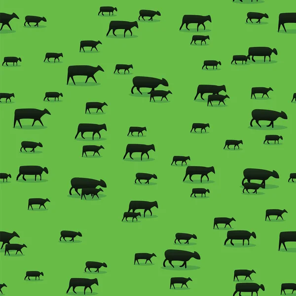 Sheep, goats and cows and walking on green pasture. Cattle grazing on green field pattern background. Farming and livestock. Seamless pattern. — Stock Vector