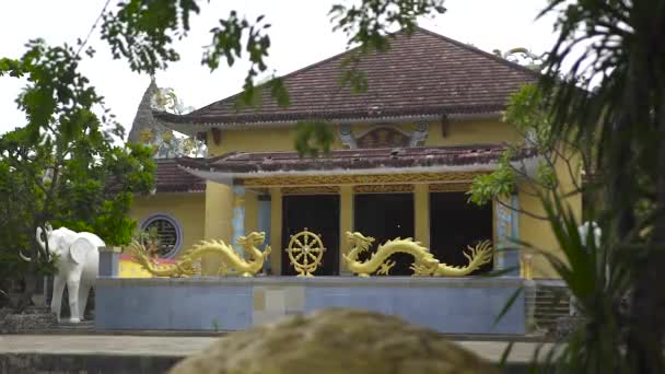 Goldstatuen mythische Drachen und Elefanten im buddhistischen Tempel. alte religiöse Tierskulptur in der Pagode, asiatische Kultur. — Stockvideo