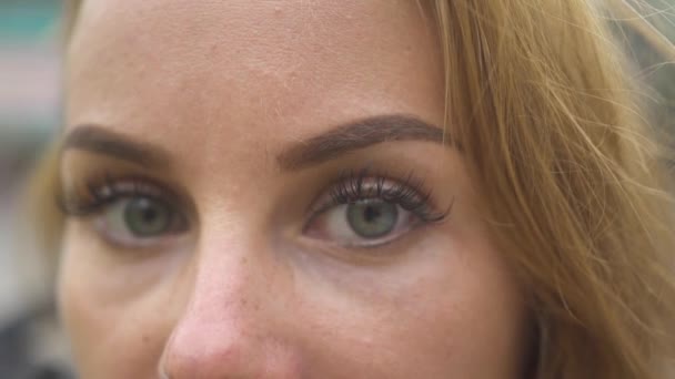 Zblízka žena obličeje a očí při pohledu do kamery. Mladá žena tvář s šedýma očima a přírodní make-up.