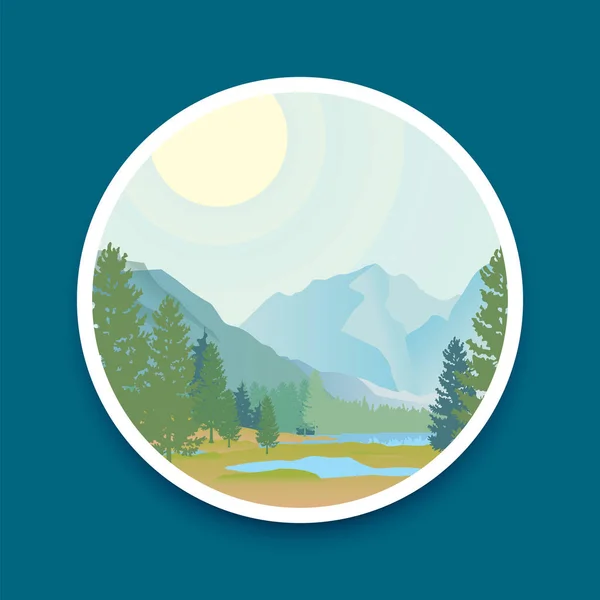 Mountain valley and river, sun in blue sky and green forest vector landscape in round. Vector illustration mountain landscape, sun and green forest.