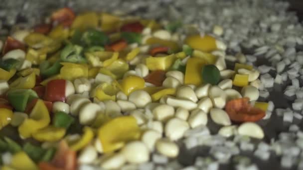 Alho e pimentas cozinhando na panela quente de perto. Processo de preparação de alimentos cozidos na cozinha do restaurante. Fritando alho vegetal e pimentão búlgaro em óleo na panela . — Vídeo de Stock