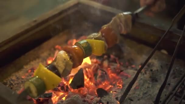 Carne deliciosa e legumes assados em churrasqueira ao ar livre. Feche a preparação de processo carne de churrasco e verdura. Cozinhar conceito de comida . — Vídeo de Stock