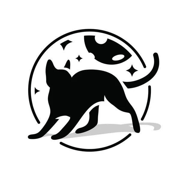 Черная кошка кругом на ночном небе, звезды и луна. Силуэт черной кошки на белом фоне, идея фирменного стиля и логотипа. Векторная иллюстрация . — стоковый вектор