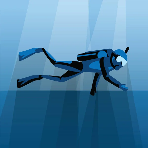 Mavi deniz vektör çizim su altında dalış scuba diver. Okyanus ve deniz dalış, sualtı yüzme ve su spor kavramı.