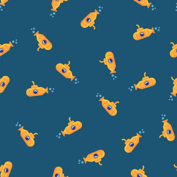 Sous-marin jaune dans l'eau de mer fond motif. Modèle sans couture sous-marin jaune flottant sous l'eau de mer sur fond bleu . — Image vectorielle