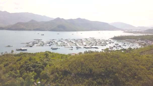 Azienda agricola per la coltivazione di pesce e frutti di mare in acqua di mare sul paesaggio verde collina aerea. Drone vista dall'alto fattoria galleggiante di pesce di mare e frutti di mare in Vietnam . — Video Stock