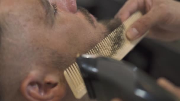 Rakning skägg och polisonger med rakapparat och kam i mode barbershop. Manlig Frisör klippa skägg med hår trimmer närbild. Professionell rakning skäggig man i manliga salong. — Stockvideo