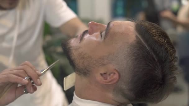 Cutting beard with barber scissors and comb in male salon. Male barber cutting beard with hair scissors in hairdressing salon Professional care to bearded man.