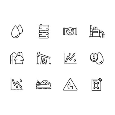 Benzin ve fue, petrol rafinerisi, nakliye petrol ürünleri ve Satılık Benzin üretimi vektör Icon set. Anahat vektör simge petrol ürünleri .