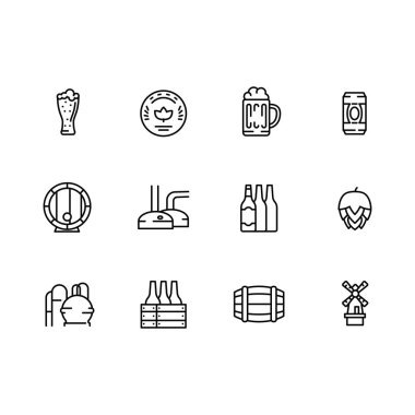 Vektör simgesi bira cam, kupa ve varil bira üzerinde ayarlayın. Bira üretimi bira fabrikası'nda. Anahat vektör simgesi.
