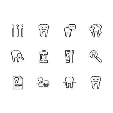 Vektör Icon set sağlık diş, diş hekimliği, diş aletleri, sözel kaygı. İmplantasyon, Ortodonti ve tıbbi klinikte diş tedavisi. Anahat vektör simgesi.