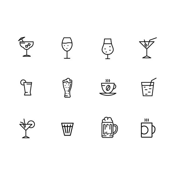 Vector icon set alcoholic cocktails, wine, cold beer, hot coffee and tea. Alcoholic beverages related outline vector icons for design.