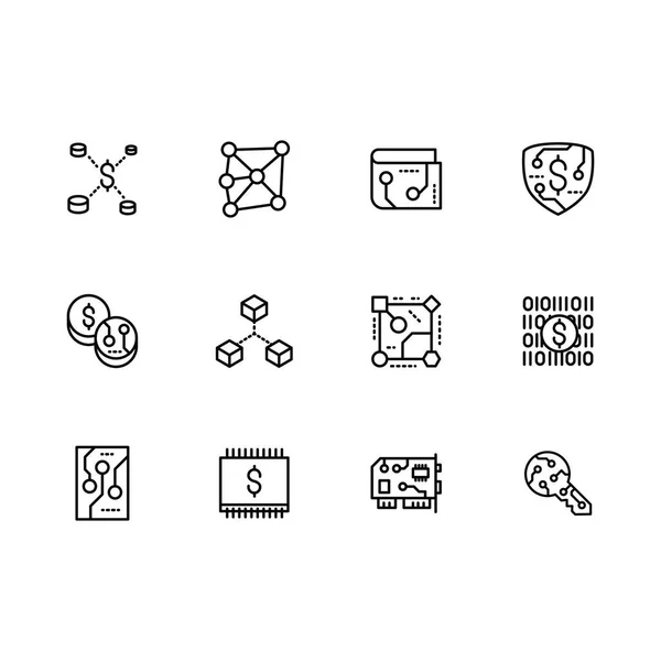 Vektorové ikony set bitcoin, blok řetězu, hornictví, kryptoměn, exchange, platby a další. Vektorové ikony obrys pro design. — Stockový vektor