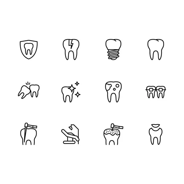 Vector-pictogrammenset gezondheid tanden en tandheelkundige behandeling in de polikliniek. Overzicht vector pictogram tandheelkunde, mondverzorging, implantatie en orthodontie. — Stockvector