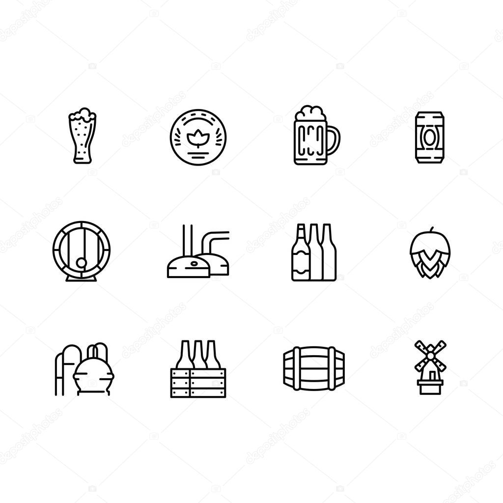 Vector icon set beer in glass, mug and barrel on brewery. Beer production at brewery factory. Outline vector icon.