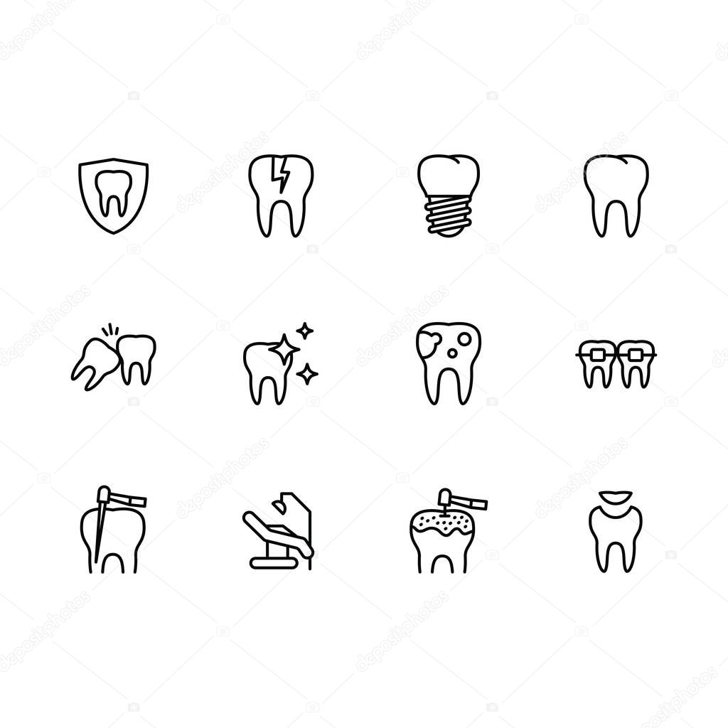 Vector icon set health teeth and dental treatment in medical clinic. Outline vector icon dentistry, oral care, implantation and orthodontics.