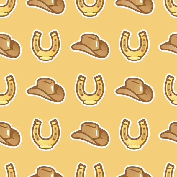 Pattern cowboy hat for horseman and horseshoe on yellow background. Stetson hat for cowboy and horse shoe seamless pattern.