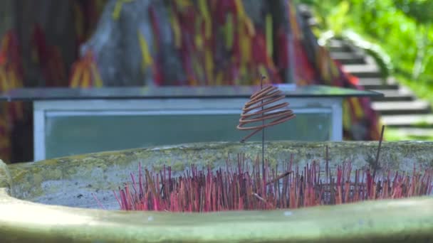 Aromatic sticks in a Buddhist temple. Closeup view burning incense sticks in Chinese Buddhist temple. — Stock Video