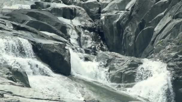 River stream flowing on large stones in mountain waterfall. Landscape flowing water from rocky river in mountain waterfall cascade. — Stock Footage River stream flowing on large stones in mountain waterfall. Landscape flowing water from rocky river in mountain waterfall cascade. Royalty Free Stock Video