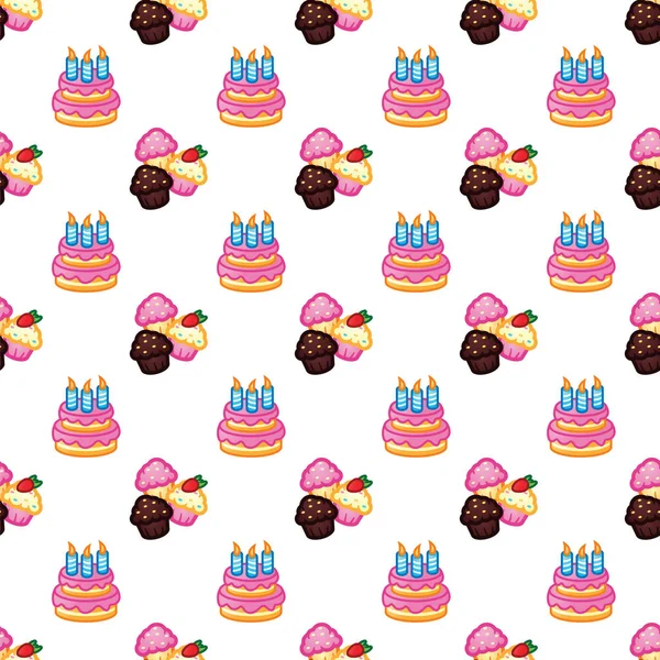 Verjaardag patroon. Verjaardagstaart met kaarsjes voor viering partij, gebak, suikerwerk cupcakes. Event, feest, partij, concept vakantie. Patroon achtergrond. — Stockvector