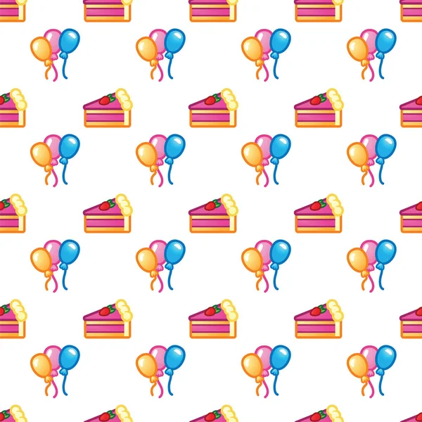 Motif morceau de gâteau pour la fête d'anniversaireet ballon coloré. Joyeux anniversaire, événement, célébration, fête, concept de vacances. Modèle sans couture . — Image vectorielle