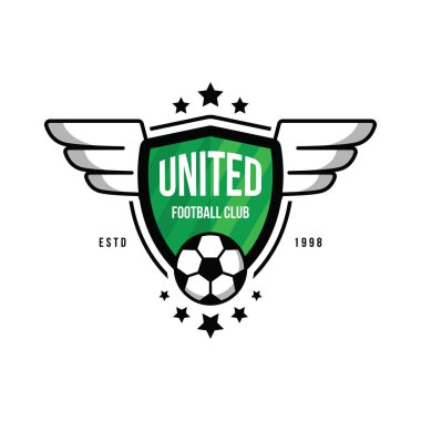Bir top ve kanatlar üzerinde yeşil bir arka plan ile futbol takımı için rozet. Futbol takımı için logo. Top, yıldız, kanatlar, kalkan, yeşil çim. Vektör sanat.