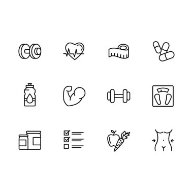 Basit ayarla spor, fitness, spor salonu ekipman ile ilgili satırı simgeler vektör. Fitness eğitimi, vücut geliştirme dambıl, kilo kaybı, kas, beslenme spor.