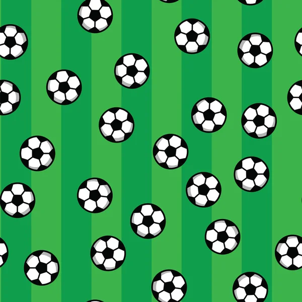 Voetballen op groene gazon van voetbalveld. Voetbal patroon, voetballen en groene veld. Naadloze patroon achtergrond. Sport, kampioenschap, win, spel, spelen concept. — Stockvector