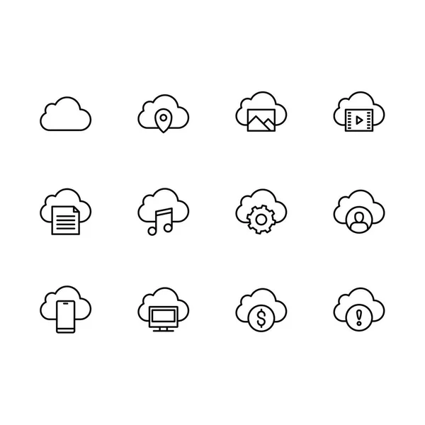 Eenvoudige reeks cloud opslag vector lijn pictogram. Bevat dergelijke pictogrammen gegevenssynchronisatie, cloud opslag en beveiliging van foto-, muziek- en videobestanden, documenten, persoonlijke afbeeldingsgegevens en andere — Stockvector