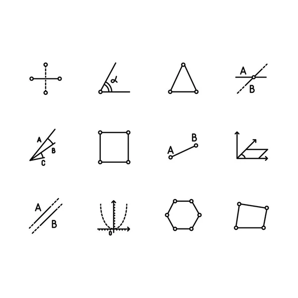 Prosty zestaw figur geometrycznych wektor ikona linii. Zawiera taki kąt, Trójkąt, równoległe proste linie, przecięcia, punkty, paraboli wykresu, hexagon i inne. — Wektor stockowy