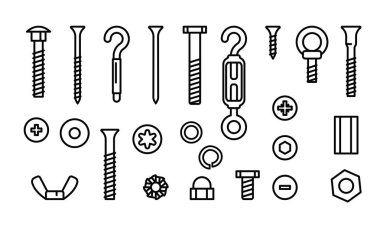 Basit inşaat donanım vektör hat Icons set. Vida, cıvata, somun ve perçin çivileri. Ekipman paslanmaz, bağlantı elemanları, metal fiksasyon dişli, illüstrasyon vektör.