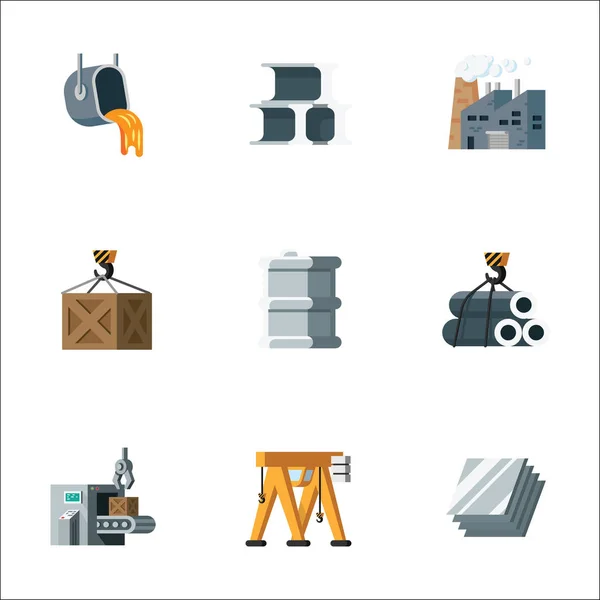Basit metal imalat ve metal işleme fabrika vektör satırı simgesi ayarla. Böyle simgeler metal eritme, bitki, sanayi, üretim, konveyör, kule vinç, yükleme, boşaltma içerir.