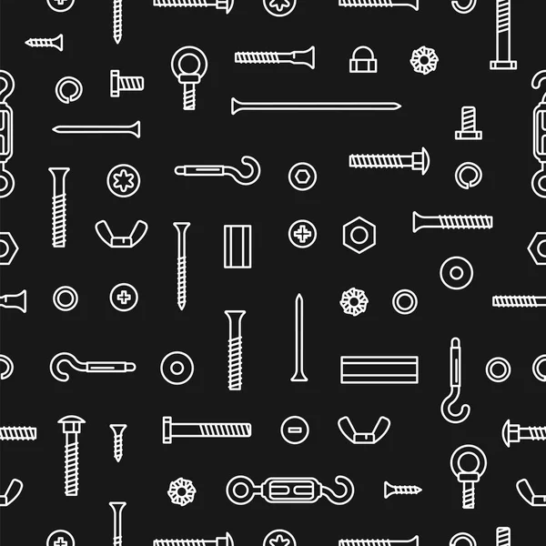 Pattern construction hardware, screws, bolts, nuts and rivets. Seamless pattern equipment stainless, fasteners, metal fixation gear on black background. — Stock Vector