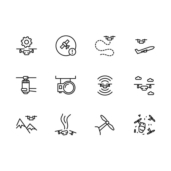 Basit set dron quadrocopter havadan fotoğraf ve video vektör hat simgeler için eylem kamera ile. Böyle simgeler dron, güvenli uçuş, uzaktan kumanda, ayarlama, mobil uygulaması, kalkış, açılış, Güz içerir.